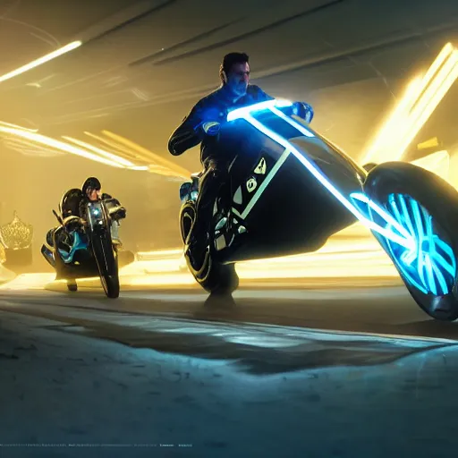 Image similar to tron legacy light cycles racing in game by artgerm and greg rutkowski and alphonse mucha, zaha hadid, an epic fantasy, volumetric light, detailed, octane render, midsommar