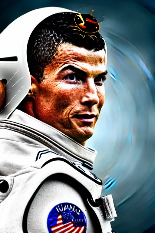 Image similar to portrait of cristiano ronaldo with astronaut armor and helmet, majestic, solemn