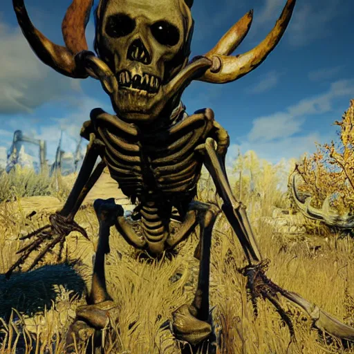 Prompt: Dangerous skeleton creature with horns in fallout 76, photograph, high quality, detailed, sharp