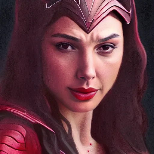 Prompt: Gal Gadot as the Scarlet Witch, illustrated by Antoine Verney-Carron and J. Lesaffre, trending on artstation, 4k, 8k, artstation 3d, artstation rendering, artstation 3d render, artstation 2d render