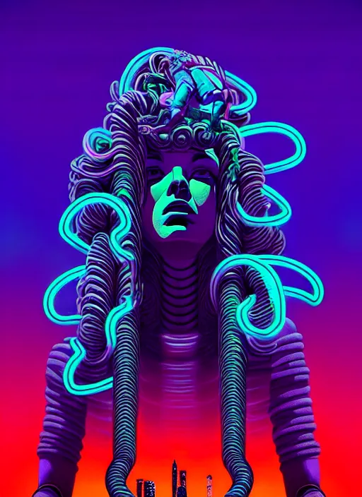 Image similar to statue of medusa, beeple, android jones, liam wong, ( ( ( ( ( dan mumford ) ) ) ) ), vaporwave, retrowave, black background, neon wiring, black, glitch, strong contrast, cuts, pinterest, trending on artstation