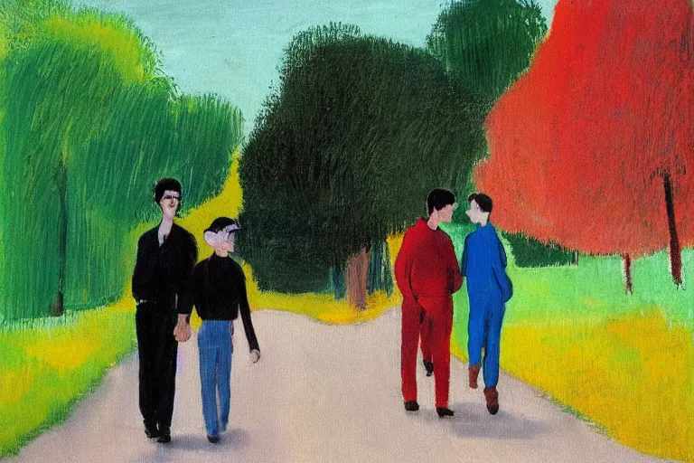 Image similar to a very tall man with dark hair holding the hands of a short young boy with dark hair as they walk down a suburban highway on a bright beautiful colorful day. part in the style of an edgar degas painting. part in the style of david hockney