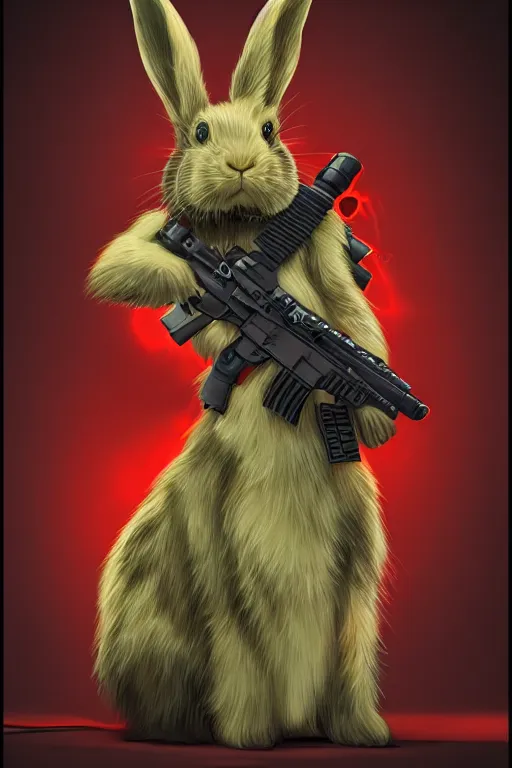 Image similar to portrait of neon fur rabbit with red eyes and a machine gun , 8k, highly detailed, sharp, realistic, in style of Brom