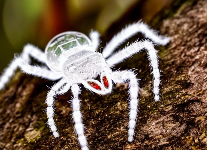 Image similar to super macro of a clear white crystal spider with cybernetics, in the forest. Fantasy magic style. Highly detailed 8k. Intricate. Nikon d850 300mm. Award winning photography.