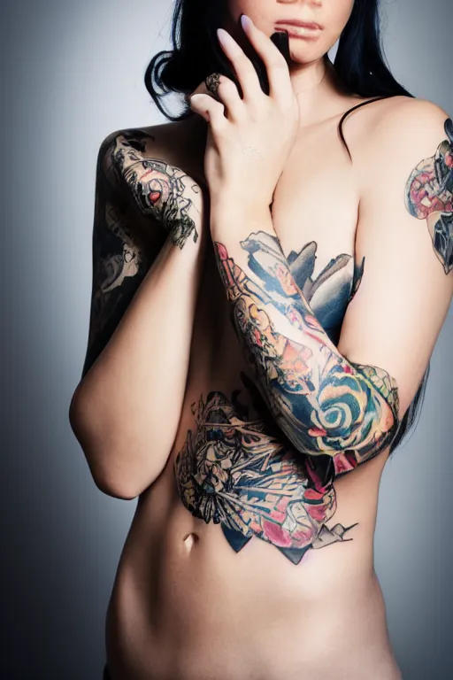Image similar to studio photo portrait of a woman with tattoo, smooth lighting
