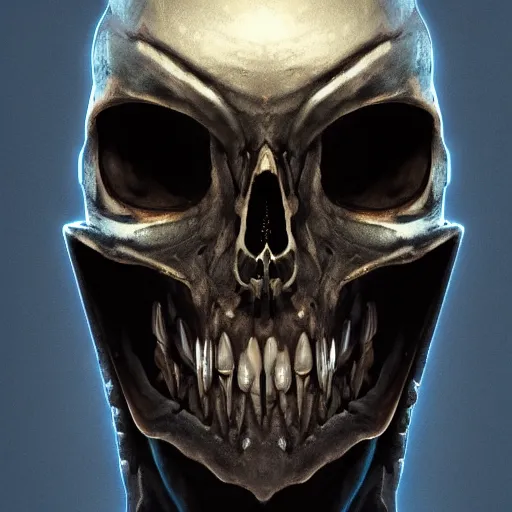 Image similar to award - winning. trending on artstation. 4 k. eerie tone. a robotic skull faced figure wearing a hooded cape made of the night sky with 1 5 dark blue glowing eyes on its face and rows of teeth on its chest. full - body. portrait.