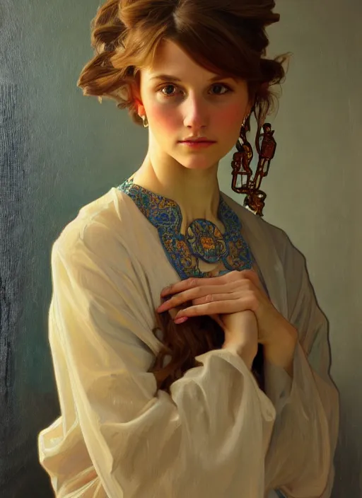 Prompt: oil portrait of madeleine petsch, intricate, elegant, highly detailed, lighting, painting, artstation, smooth, illustration, art by greg rutowski and alphonse mucha