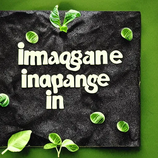 Image similar to sprouts in the shape of text 'Imagine' coming out of a fairytale book