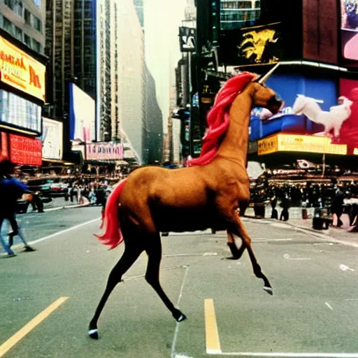 Image similar to a vivid photo of a unicorn galloping through times square in the 8 0 s