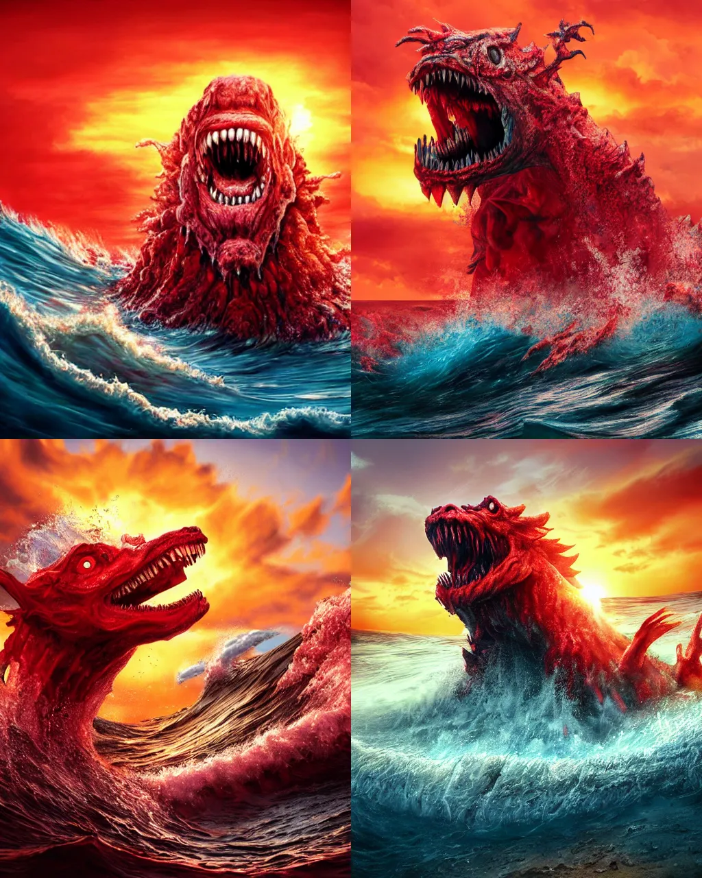 Prompt: incomprehensible monster rising from the boiling oceans under a red sky, highly detailed, hyper realistic, teeth