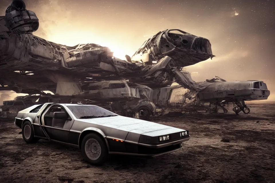 Prompt: delorean dmc 5 next to ancient space ship wreck horror, dark cinematic, volumetric, realistic, 3 d render, realistic render, cinematic lighting, volumetric lighting, atmospheric, cinematic, unreal engine, unreal engine render, octane render, hd, photorealism, hyper realistic, photo, 8 k