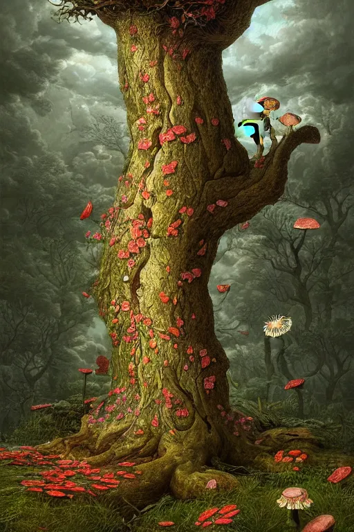 Image similar to a beautiful digital illustration painting of a detailed fantasy tree trunk and roots, mushroom, flowers by benoit b. mandelbrot, steven belledin, martin johnson heade, lee madgwick, caspar david friedrich, and david rios ferreira. 8 k resolution trending on artstation concept art digital illustration