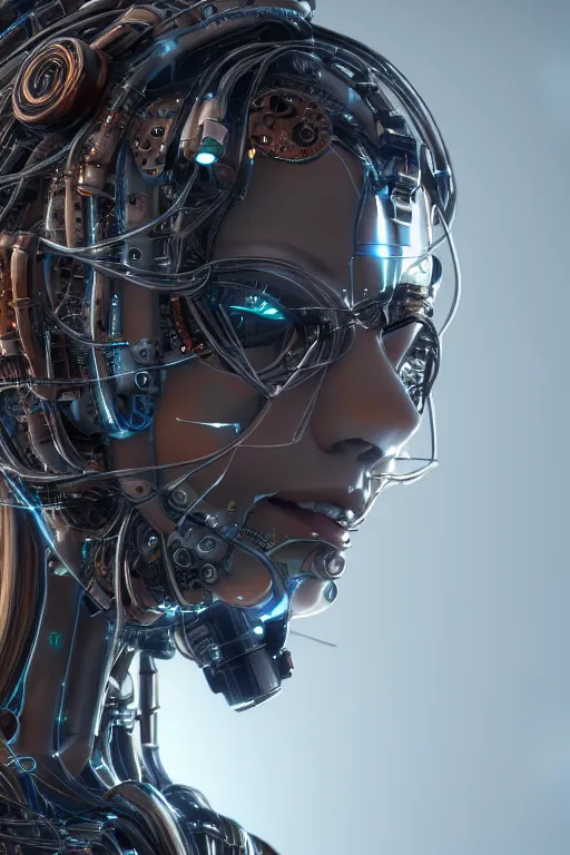 Image similar to close up headshot of a female android, intricately detailed mechanical parts, complicated circuits and wires, unreal engine, path tracing, 8k, artstation