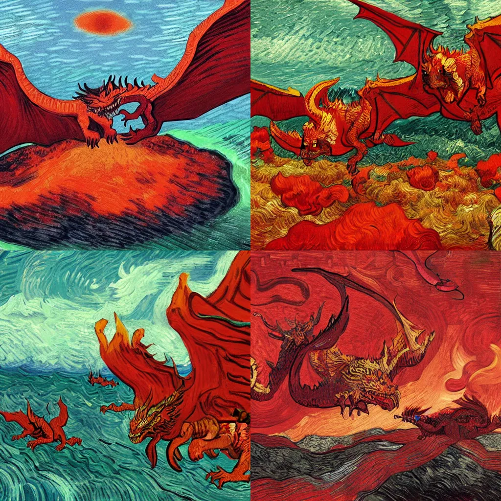 Prompt: a crimson flying island surrounded by dragons, artwork van gogh, artstation,