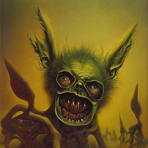 Prompt: Gremlins death metal cover art, oil on canvas by Zdzisław Beksiński