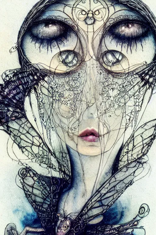 Image similar to dark fairy face closeup surrounded circular frame of insect wings, art by luis royo and walter crane and kay nielsen, watercolor illustration, ultra sharp focus