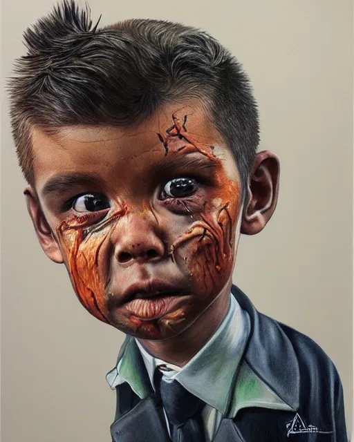 Image similar to portrait of a 7 year old child gang leader, gritty, wearing a suit, smoking, criminal, very detailed eyes, hyperrealistic, very detailed painting by Glenn Fabry, by Joao Ruas, by Artgerm