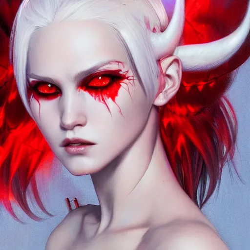 Image similar to ultra realistic illustration, dream humanoid demon girl with white hair, red horns, in white clothes, red eyes, intricate, elegant, highly detailed, digital painting, artstation, concept art, smooth, sharp focus, illustration, art by artgerm and greg rutkowski and alphonse mucha