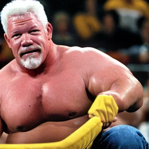 Prompt: wrestling superstar Scott Steiner enjoying cheeseburgers in a hockey arena