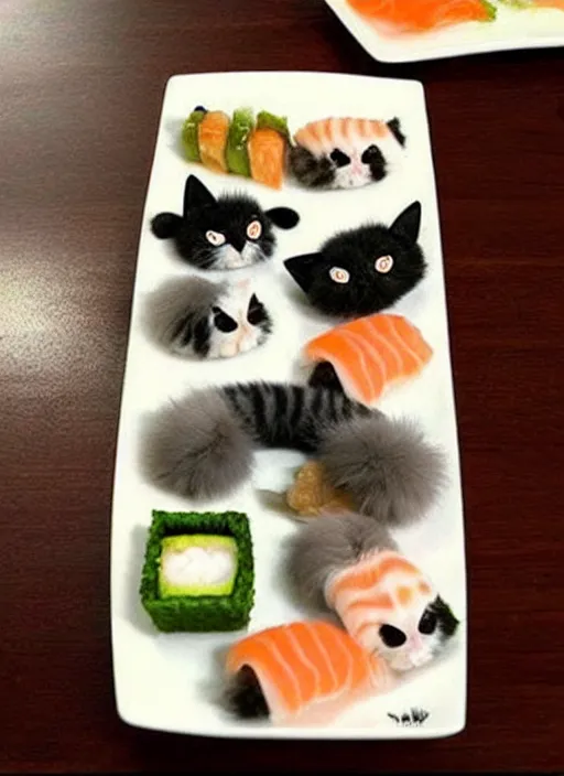 Image similar to clear photorealistic picture of adorable cats made out of sushi