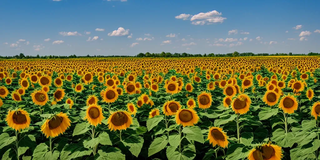 Image similar to sunflower field, blue sky, middle of field burning russian tank.