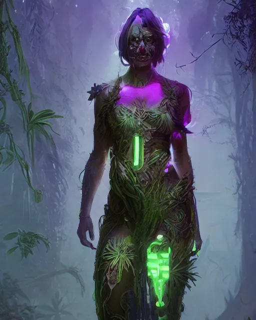 Prompt: full body woman made of plants weed and steel, fantasy character portrait full body concept art, intricate details, volumetric neon purple lights by greg rutkowski, gaston bussiere