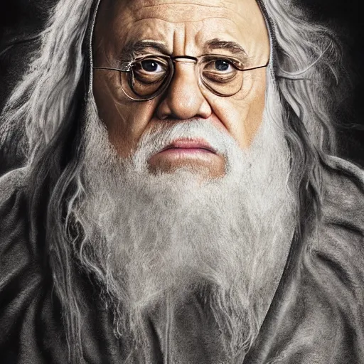 Image similar to danny devito as gandalf the white, lord of the rings movie, full body, hyper realist, high quality, wide angle, illustration, digital art