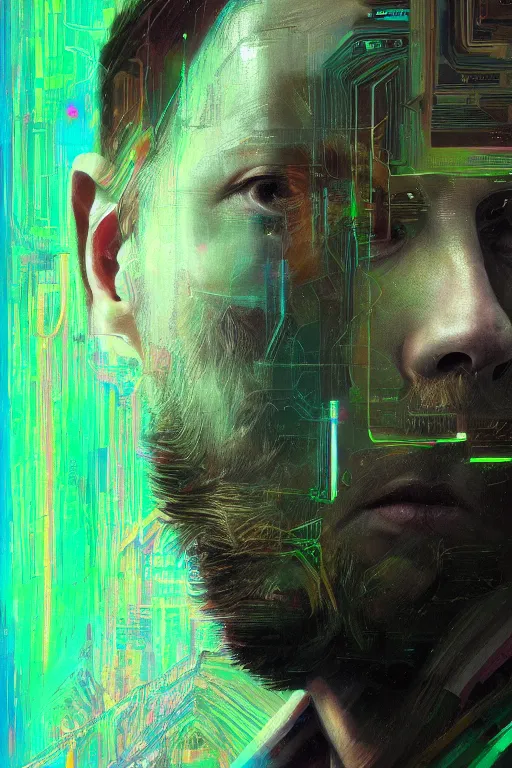 Prompt: A portrait of Thom Yorke as a cyberpunk, iridescent highlights, background of digital greebles, highly detailed, intricate, soft, sci-fi, sharp focus, glowing lines, art by Ruan Jia