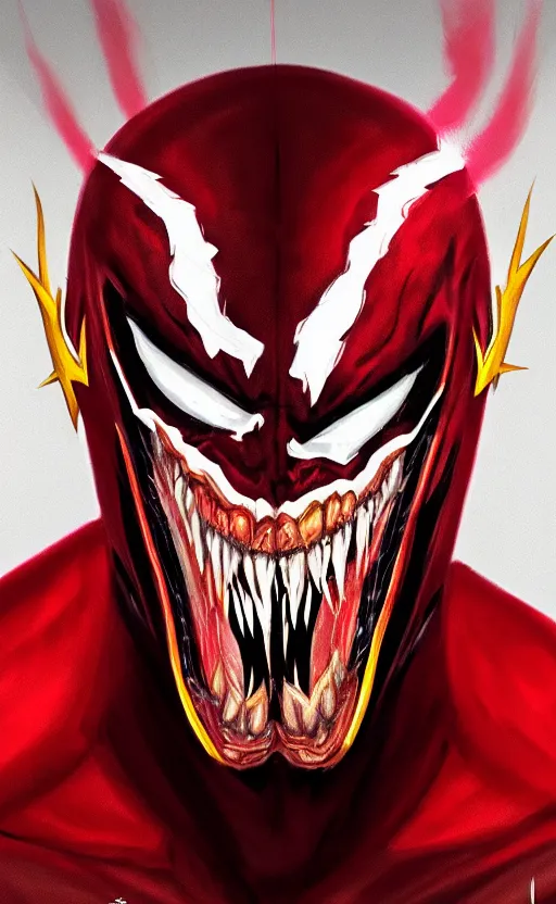 Image similar to portrait of venom as the flash, black and red, dynamic lighting, cinematic, ultra detailed, trending on art station, stunning visuals, creative, fantasy concept art