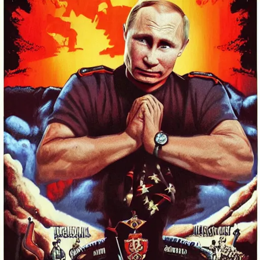 Image similar to putin is a monster, movie poster in the style of drew struzan