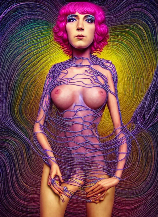 Prompt: hyper detailed 3d render like a Oil painting - Ramona Flowers with wavy black hair wearing thick mascara seen out Eating of the Strangling Choking Suffocating network of colorful yellowcake and aerochrome and milky and Her staring intensely delicate Hands hold of gossamer polyp blossoms bring iridescent fungal flowers whose spores black the foolish stars by Jacek Yerka, Mariusz Lewandowski, silly playful fun face, Houdini algorithmic generative render, Abstract brush strokes, Masterpiece, Edward Hopper and James Gilleard, Zdzislaw Beksinski, Mark Ryden, Wolfgang Lettl, Dan Hiller, hints of Yayoi Kasuma, octane render, 8k