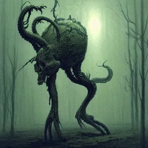 Prompt: concept art of a eldritch creature with 4 legs, skull, fantasy, forest, heavy fog, wayne barlowe and zdzislaw beksinski