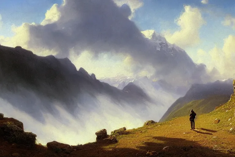 Image similar to a traveler wandering trough the mountains looking at the clouds, very detailed, focused, oil painting, cinematic lighting, albert bierstadt, trending on artstation, colorful, canvas, sunset, hans dahl, theodor kittelsen, hermann hendrich, national geographic, Konstantin Yakovlevich Kryzhitsky, beautiful nature, breathtakingn nordic