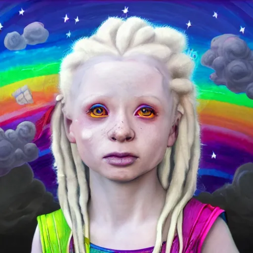 Prompt: An epic fantasy comic book style portrait painting of an adorable little albino girl with blonde dreads eating ice cream, smiling, sitting on top of a rainbow, high quality, stars, rainbow, care bear land with my little pony vibes, atmospheric fantasy setting, unreal 5, DAZ, hyperrealistic, octane render, RPG portrait, ambient light, dynamic lighting