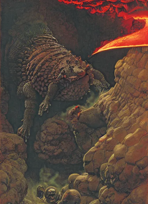 Prompt: armadillo in lava cave, explosions, lava flows, dynamic action, by lawrence alma - tadema and zdzislaw beksinski and norman rockwell and jack kirby and tom lovell and greg staples