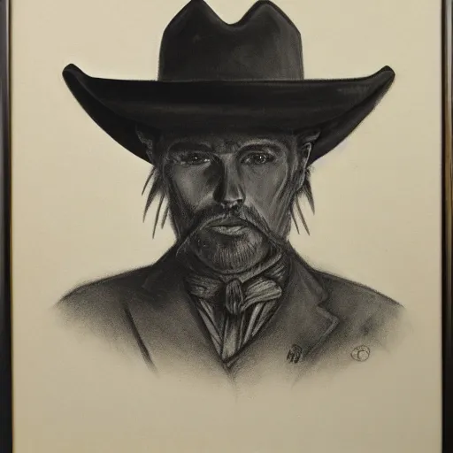 Prompt: charcoal portrait of an early 20th century jung monster hunter, cowboy hat, coat