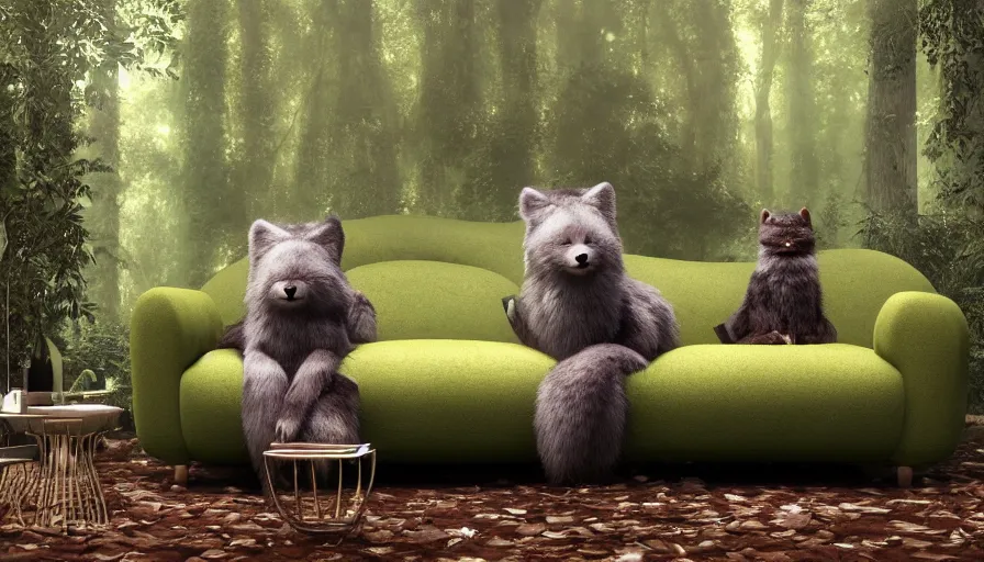 Image similar to lovely furry creature who made a sofa from avocado in the summer forest, by ilya kuvshinov, rtx rendering, octane render 1 2 8 k, maya, extreme high intricate details by tom bagshaw, medium shot, close up shot, composition by sana takeda, lighting by greg rutkowski