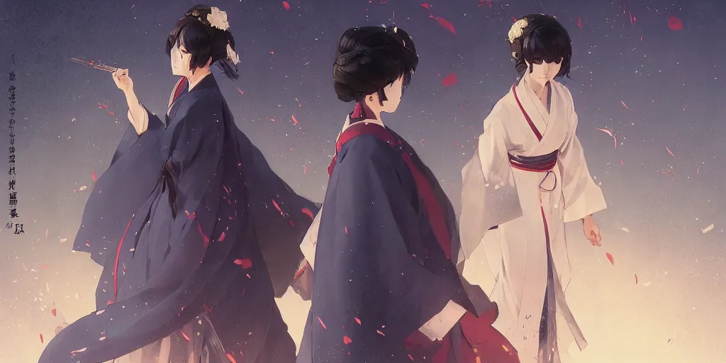 Image similar to anime kyoto animation key by greg rutkowski night, taisho roman, hakama