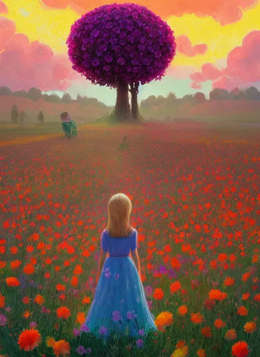 Image similar to girl with giant flower as a face and flower dress, standing in a flower field hills, big trees, sunrise dramatic light, impressionist painting, colorful clouds, digital painting, pointillism, artstation, simon stalenhag