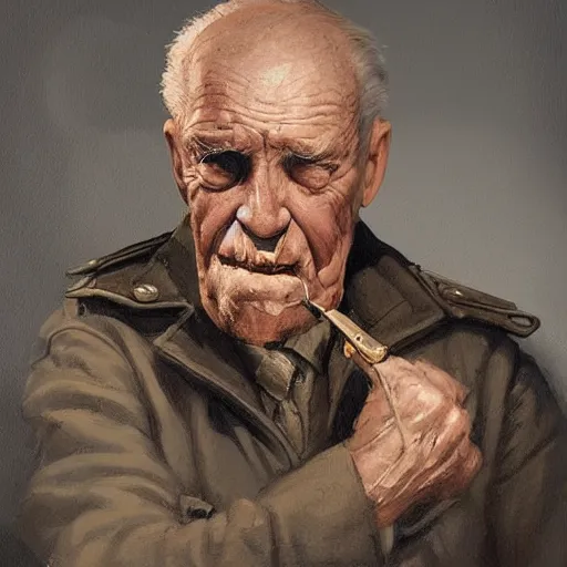 Image similar to old man portrait, ww 2 hand grenade in his left hand, he pulling pin, greg rutkowski art