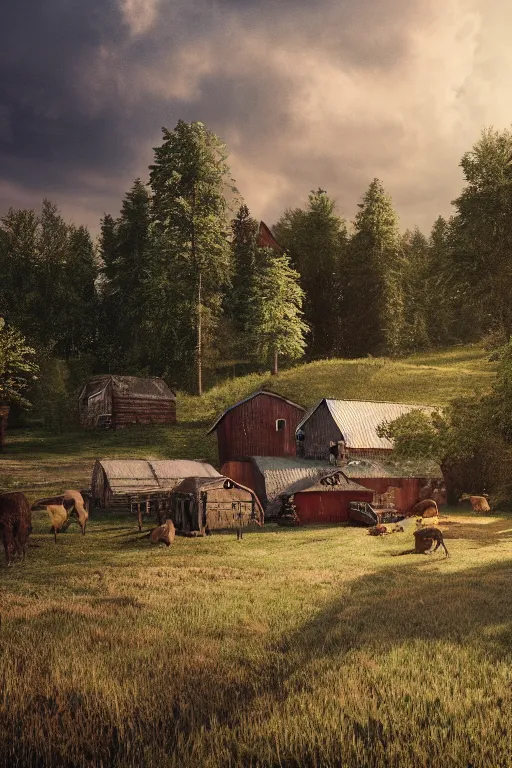 Image similar to finnish farm, summer, open wide, epic, cinematic, elegant, highly detailed, featured on artstation