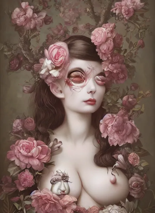 Image similar to pop surrealism, lowbrow art, realistic seductive cute woman painting, body harness, japanese shibari with flowers, hyper realism, muted colours, rococo, natalie shau, loreta lux, tom bagshaw, mark ryden, trevor brown style,