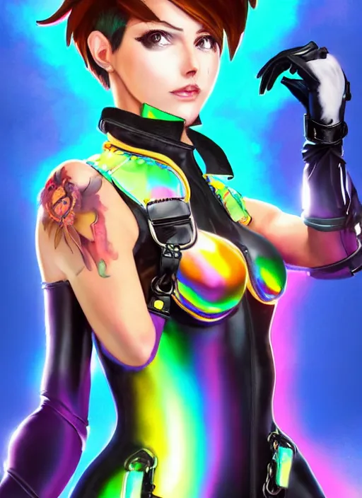 Image similar to portrait bust digital artwork of tracer overwatch, wearing iridescent rainbow latex and leather straps catsuit outfit, neon makeup, in style of mark arian, angel wings, wearing detailed leather collar, chains, black leather harness, detailed face and eyes,