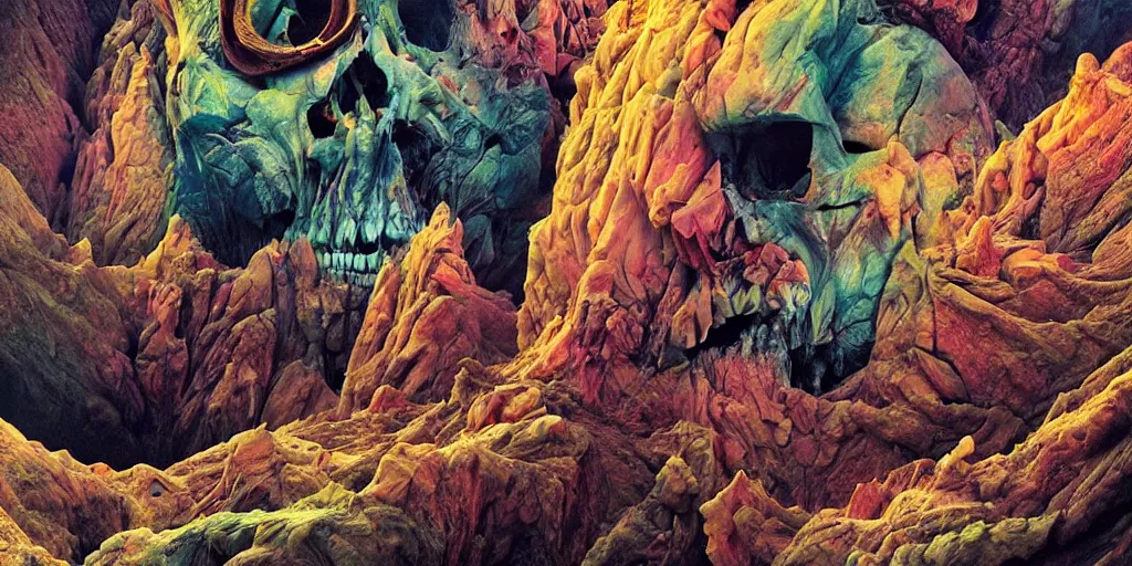 Prompt: ultrawide angle colour masterpiece surreal closeup portrait photography of mountain creature skull hybrid by annie leibovitz and michael cheval, incredible sense of depth and perspective and clarity, weird surreal epic psychedelic complex biomorphic 3 d fractal landscape in background by kilian eng and roger dean and giger and salvador dali and beksinski, 8 k