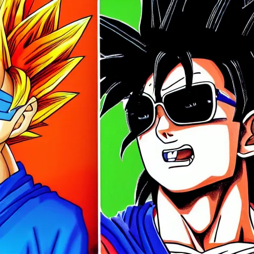 Prompt: portrait of goku from dragon ball wearing shades with michael jackson incredibly detailed, color, smooth, concept art, illustration,