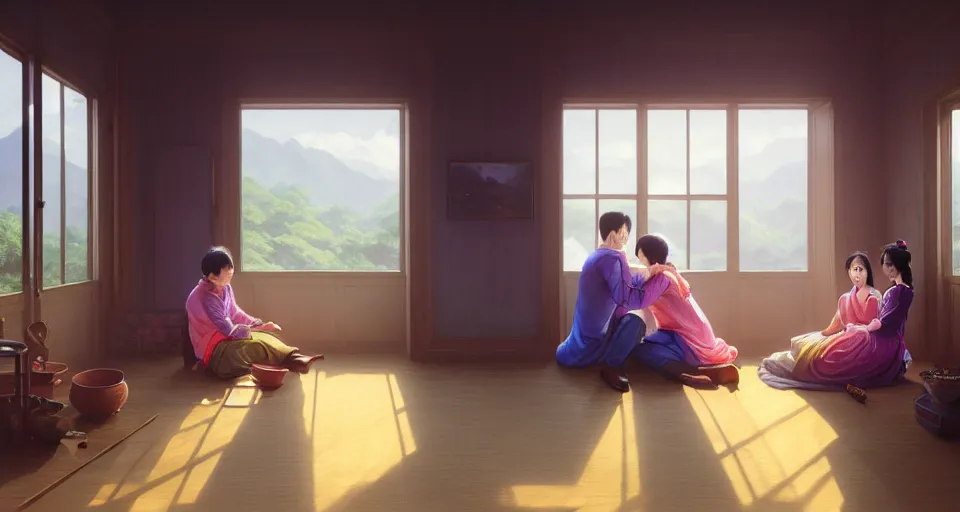 Prompt: wide shot of asian couple hugging at each other, sitting in rural living room, group of mechanical fans placing around the room, day light, colorful mood, high details, octane render, 8 k, digital illustration by kyuyong eom, realistic painting by aivazovsky, james jean, greg rutkowski, anato finnstark