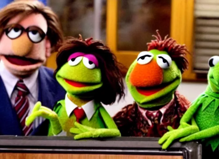 Prompt: film still of!!! muppet muppet!!!!! dwight schrute as a muppet muppet muppet as a muppet as a muppet in the tv show the office