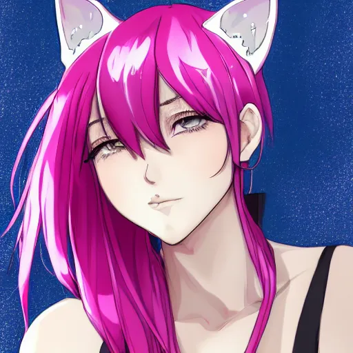 Prompt: A full headshot portrait of a woman with cat ears and pink hair, By shirow masamune, WLOP, Avetetsuya Studios, colored sketch anime manga panel, trending on artstation, pixiv art, smooth, artgem, elegant, highly detailed, pixiv trending, anime inspired, by studio trigger, attractive character