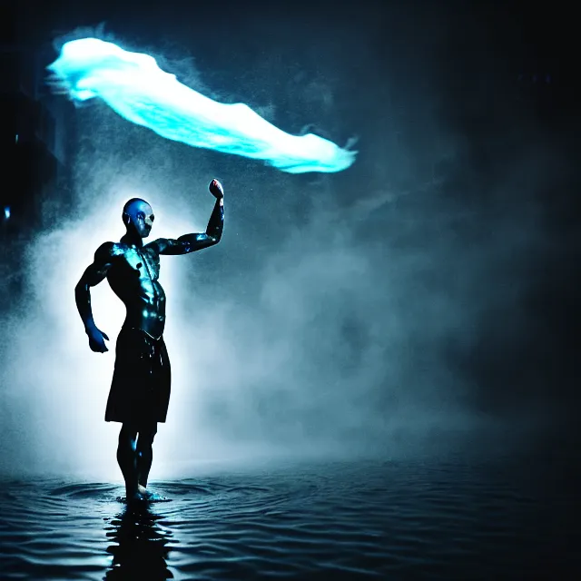 Image similar to cyborg monk water dance supreme water fist, detailed animal form water, fighting stance energy, shibuya prefecture, cinematic neon uplighting, fog mist smoke, photorealistic, night photography by tomino - sama