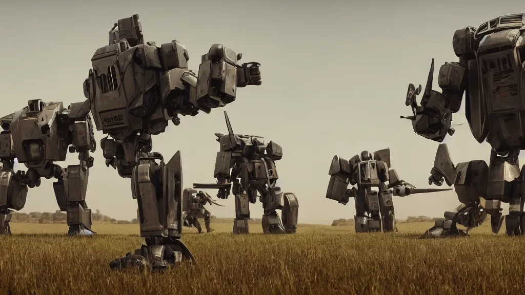 Image similar to 1920's battle in the countryside between bipedal mechs, octane render, 8k